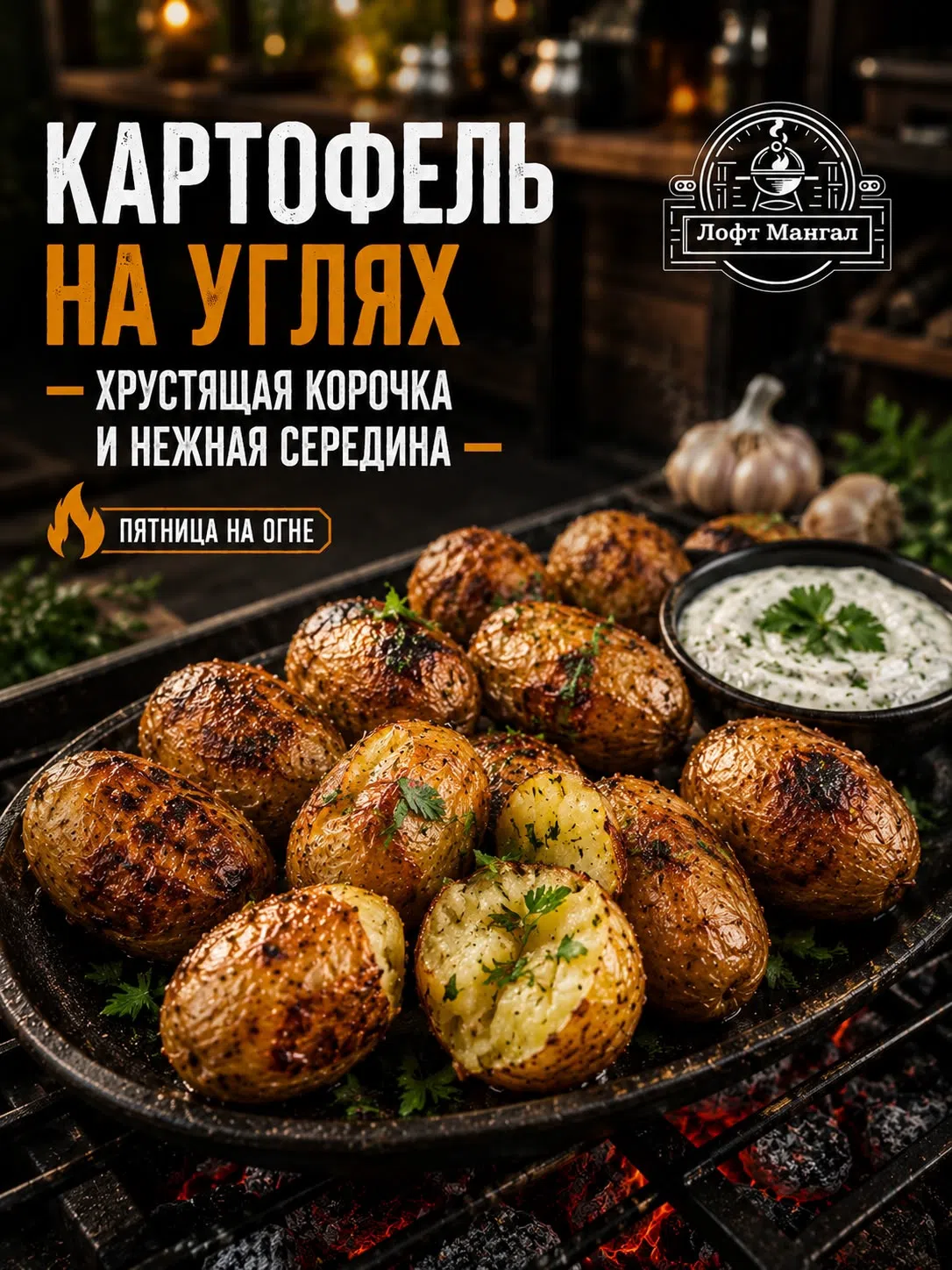 Картофель на углях с хрустящей корочкой и чесночным соусом