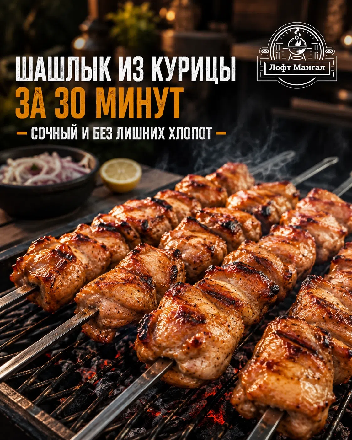 Сочный шашлык из куриного бедра на мангале
